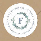 Dusty Blue Wreath Monogram Retouradres Ronde Sticker