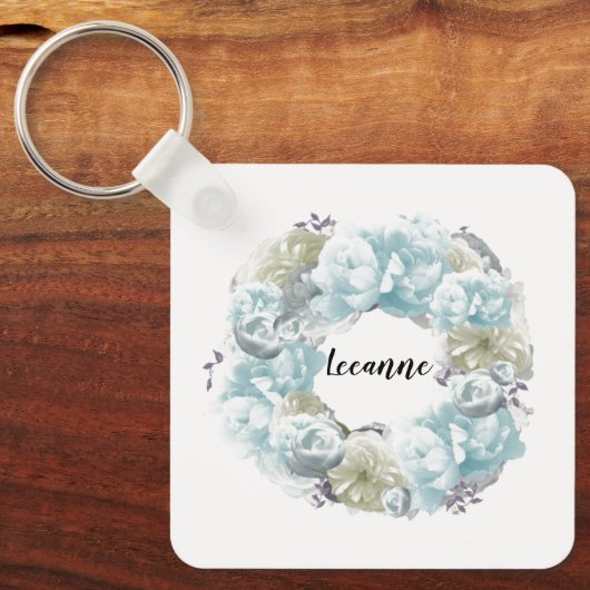 Dusty Blue Wreath Personalized Sleutelhanger (Voorkant)