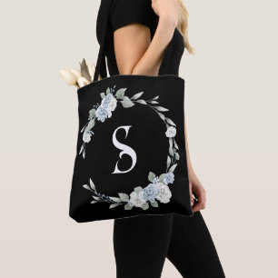 Dusty Blue Wreath Script Initiaal Monogram Zwart Draagtas