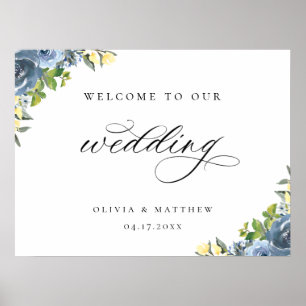 Dusty Blue Yellow Botanical Weddenschap Welcome Po Poster