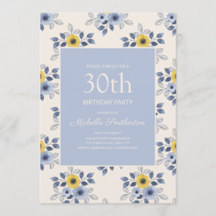 Dusty Blue Yellow Flowers White 30th Birthday Kaart