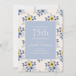 Dusty Blue Yellow Flowers White 75th Birthday Kaart