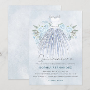 Dusty Blue Zilveren glitter Bloemen Jurk Quinceañe Kaart