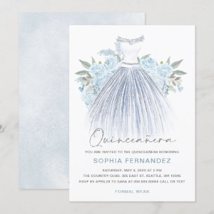 Dusty Blue Zilveren glitter Bloemen Jurk Quinceañe Kaart