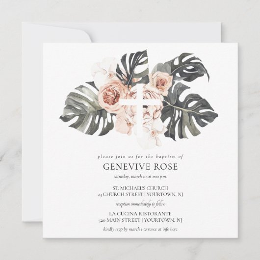 Dusty Blush Roos Cross Doop Meisje Uitnodiging (Voorkant)