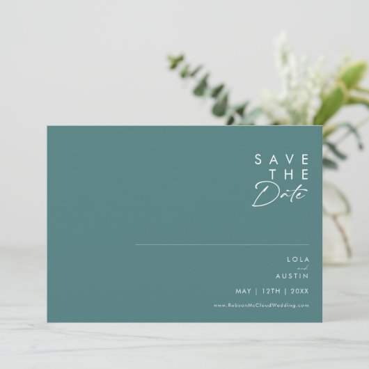 Dusty Boho | Horizontaal groen en blauw Save The Date (Staand voorkant)