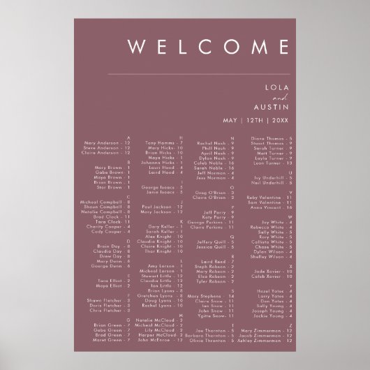 Dusty Boho | Tableau de sièges alphabétiques viole (Devant)