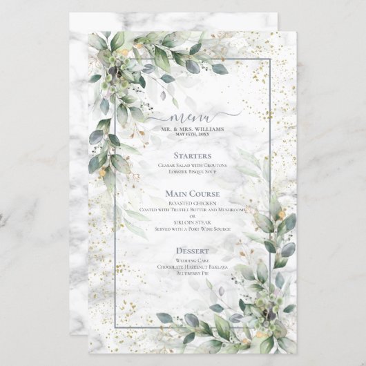 Dusty Botanical Greenery Gold Marble Mariage Menu (Devant / Derrière)