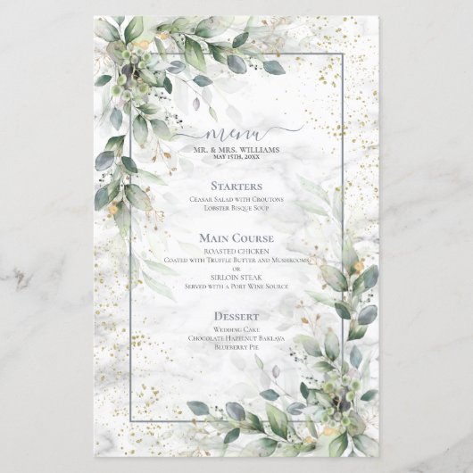 Dusty Botanical Greenery Gold Marble Mariage Menu (Devant)