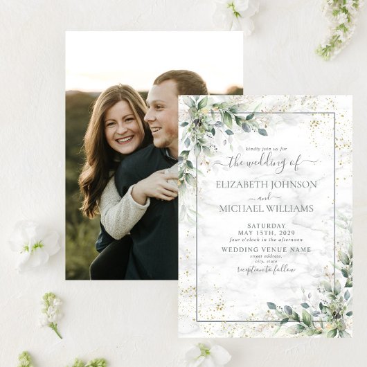 Dusty Botanical Greenery Gold Photo Wedding Kaart