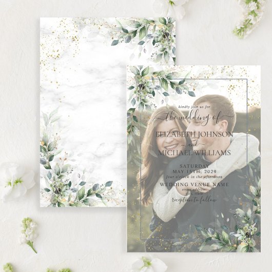 Dusty Botanical Greenery Gold Vellum Photo Wedding Kaart