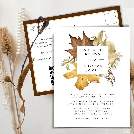 Dusty Brown Autumn laat QR Code vallen Weddenschap Uitnodiging Briefkaart