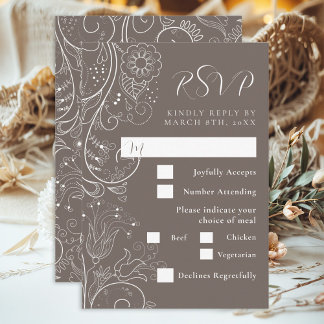 Dusty Brown Elegant Bloemen Bruiloft Maaltijd Keuz RSVP Kaartje