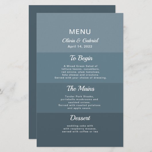 Dusty deep blue élégant Menu de mariage élégant (Devant / Derrière)