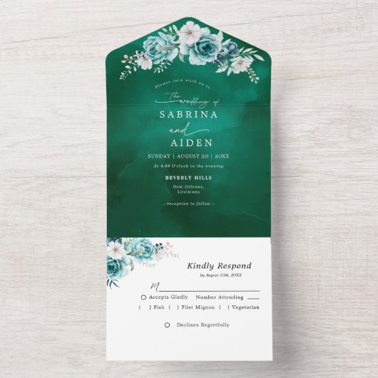 Dusty Emerald Groen Wit Bloemen Bruiloft All In One Uitnodiging (Binnen)