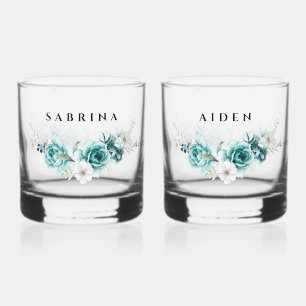 Dusty Emerald Groen Wit Bloemen Bruiloft Whisky Glas