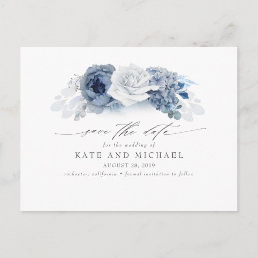 Dusty en Navy Blue Floral Boho Save the Date Briefkaart (Voorkant)