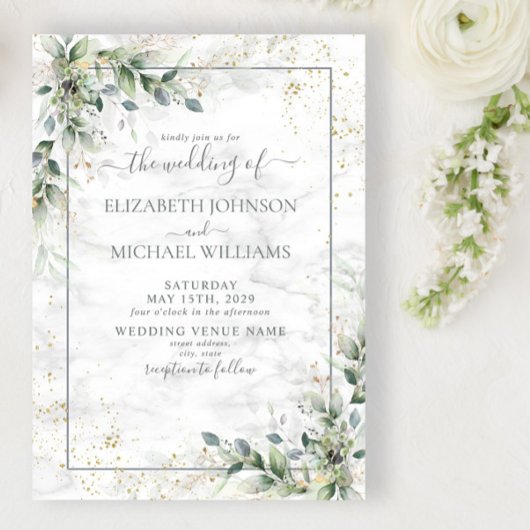 Dusty Eucalyptus Botanical Gold Greenery Wedding Kaart