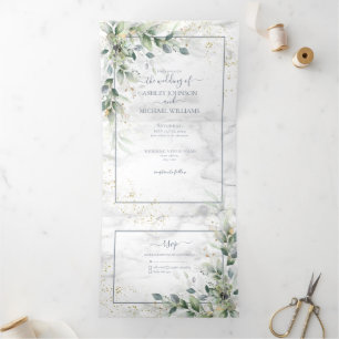 Dusty Eucalyptus Botanical Gold Greenery Wedding T Drieluik Uitnodiging