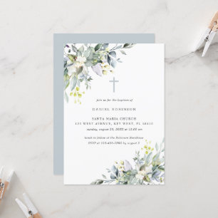 Dusty Florals Soft Gray Baptisme Invitation Kaart