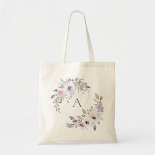Dusty Garden Floral Wreate Monogram Tote Bag