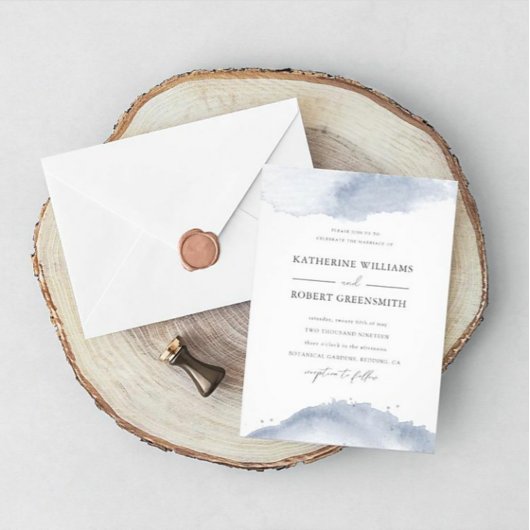 Dusty Gold Elegant Blue Wedding Invitation Kaart