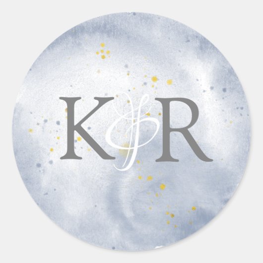 Dusty Gold en Blue Waterverf Bruiloft Monogram Ronde Sticker (Voorkant)
