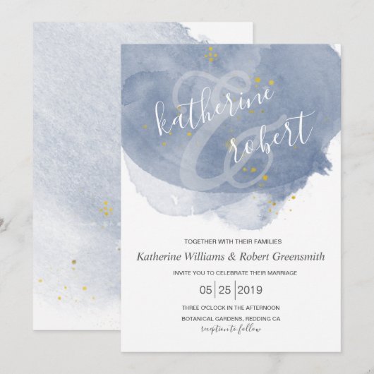 Dusty Gold et Blue Elegant Wedding Invitation (Devant / Derrière)