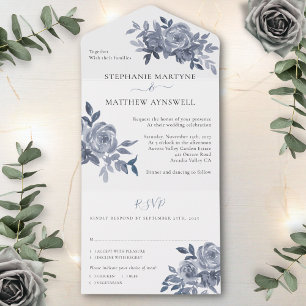 Dusty Gray Floral Rozen Foliage Wedding All In One Uitnodiging