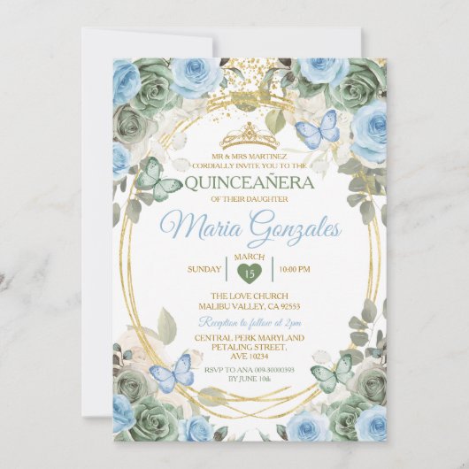 Dusty Green And Dusty Blue Floral Gold Quinceañera Kaart (Voorkant)