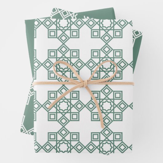 Dusty Green Arabesque Geometric Pattern Inpakpapier Vel (In situ)