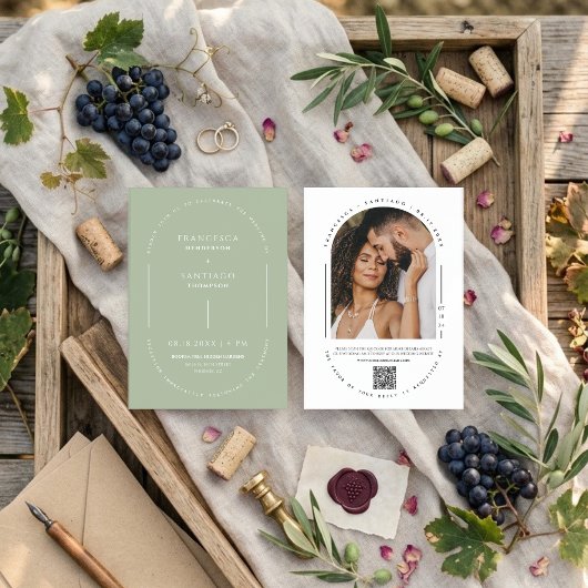 Dusty Green Arch QR Code Mariage Photo Invitation