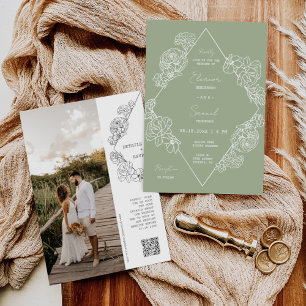 Dusty Green Botanical Line Art Boho QR Code Foto Kaart