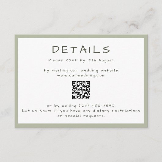 Dusty Green Casual Handschrift QR Details Informatiekaartje (Voorkant)