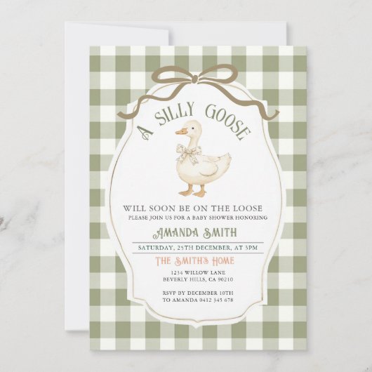 Dusty Green Gingham Goose Baby shower Kaart (Voorkant)