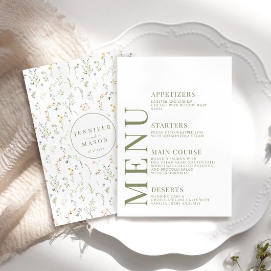 Dusty Green Meadow Flowers Bruiloft Menu Kaarten