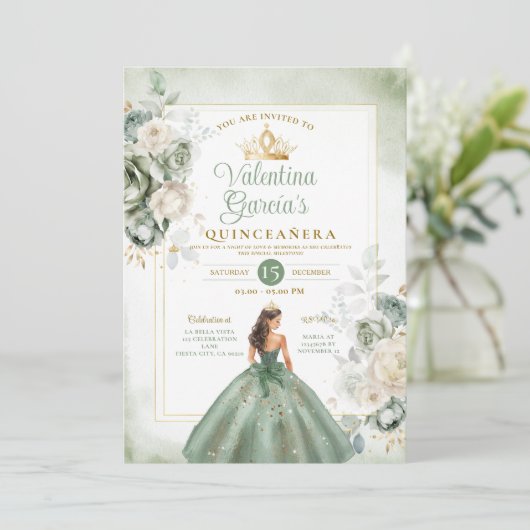 Dusty Green Quinceañera 15 Anos Gouden Kroon Kaart (Staand voorkant)