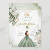 Dusty Green Quinceañera 15 Anos Gouden Kroon Kaart (Voorkant / Achterkant)