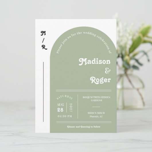 Dusty Green Retro Arch Photo QR Code RSVP Groovy Kaart (Staand voorkant)