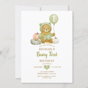 Dusty Green Sage Herfst Beary Eerste Verjaardag Kaart