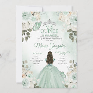 Dusty Green & Silver Mis Quince Bloemen Quinceañer Kaart