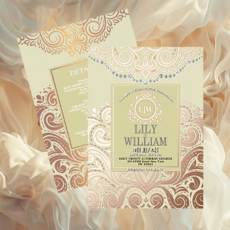 Dusty Ivory RoseGold Classic Monogram Boho Wedding Folie Uitnodiging