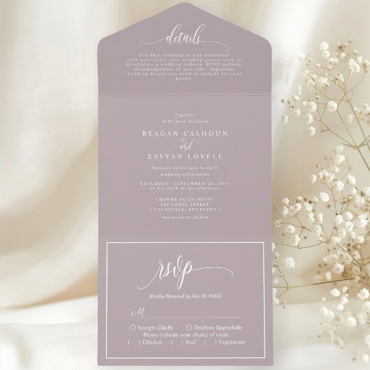 Dusty Lavendel Eenvoudig Modern Script All In One Uitnodiging