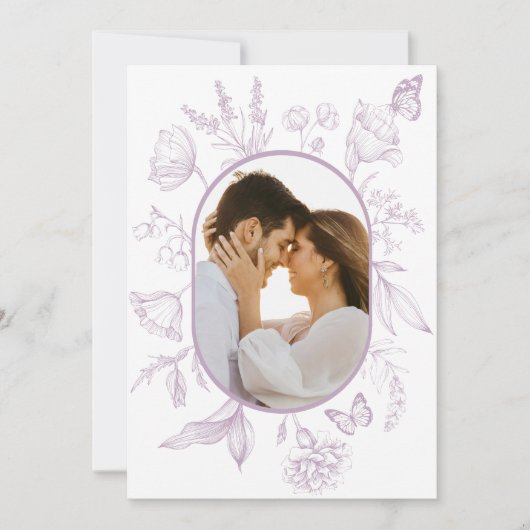 Dusty Lavendel Line Art Bloemen Vlinder Foto Bedankkaart (Voorkant)