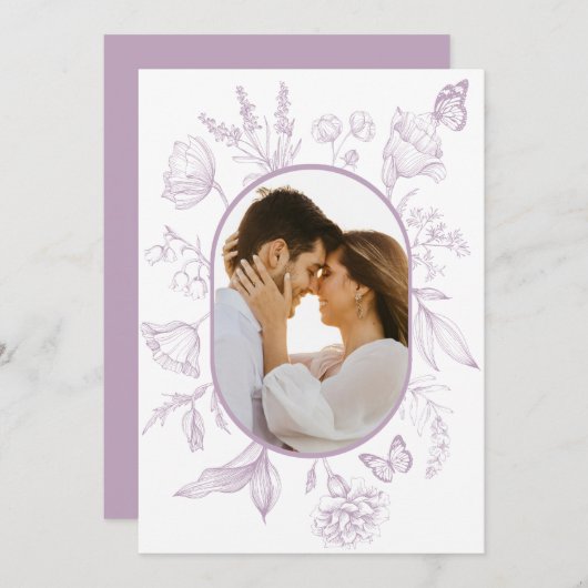 Dusty Lavendel Line Art Bloemen Vlinder Foto Bedankkaart (Voorkant / Achterkant)