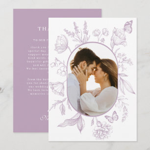 Dusty Lavendel Line Art Bloemen Vlinder Foto Bedankkaart