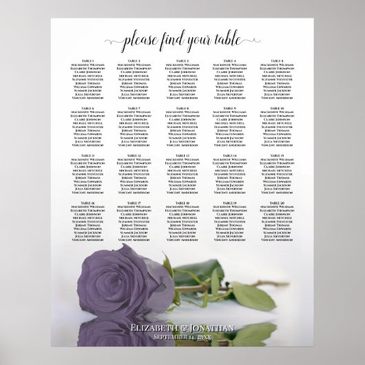 Dusty Lavender Rose 20 Table Mariage Tableau de si (Devant)