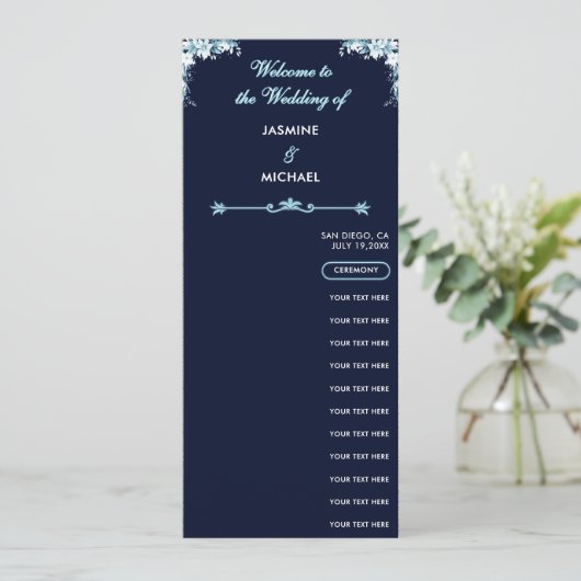 Dusty Light Blue Floral Navy Programme de mariage  (Debout devant)