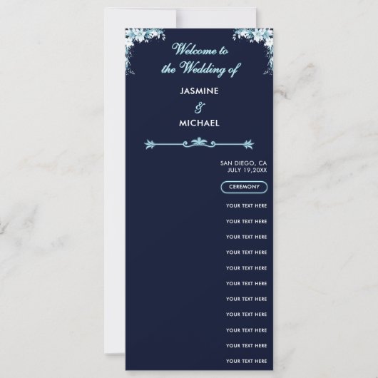 Dusty Light Blue Floral Navy Programme de mariage  (Devant)