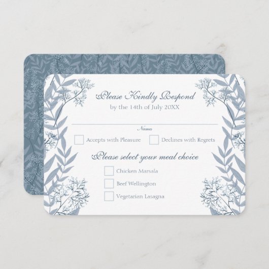 Dusty Light Blue Wedding  Botanical RSVP Kaart (Voorkant / Achterkant)